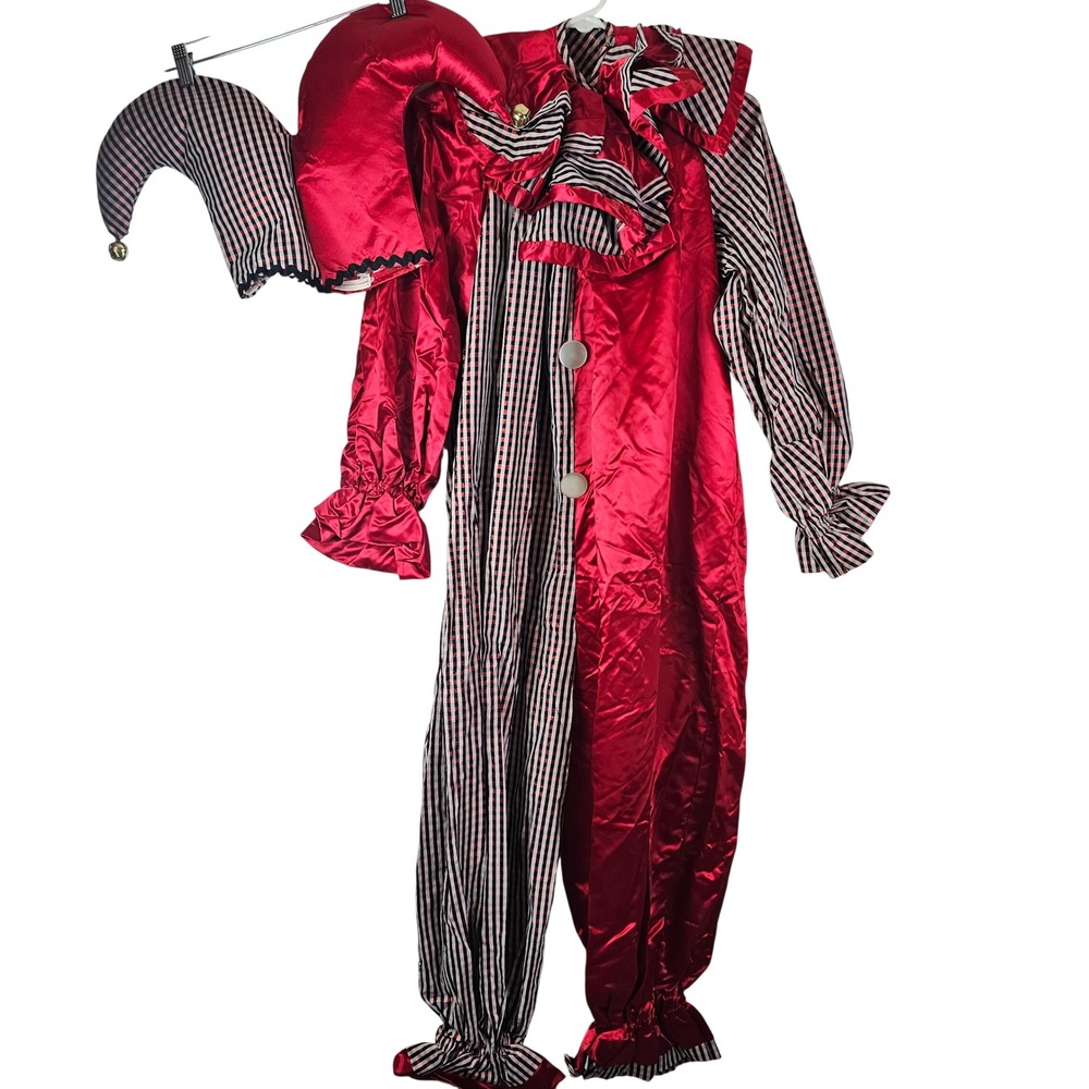 Red Black Checkered Clown Costume Jumpsuit with Jester Hat Set Unisex Halloween